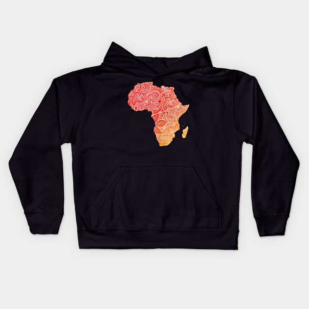 Colorful mandala art map of Africa with text in red and orange Kids Hoodie by Happy Citizen